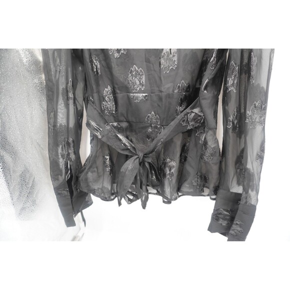 Bar III Black Sheer Metallic Burnout Floral Wrap V-Neck Waist Top Blouse Size M - Picture 4 of 8